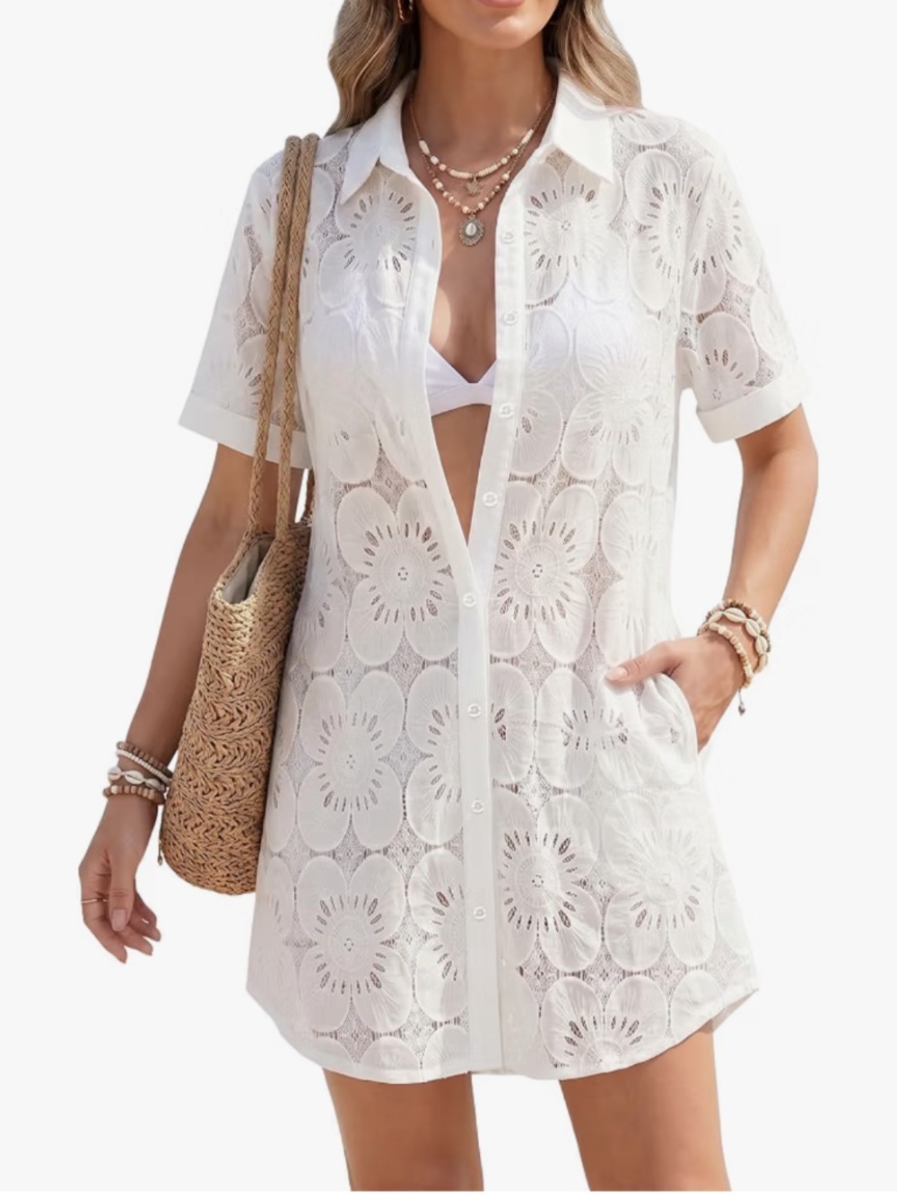 MANGOPOP NWT Cream White Eyelet Swim Cover Up Dress Size Small Button Down